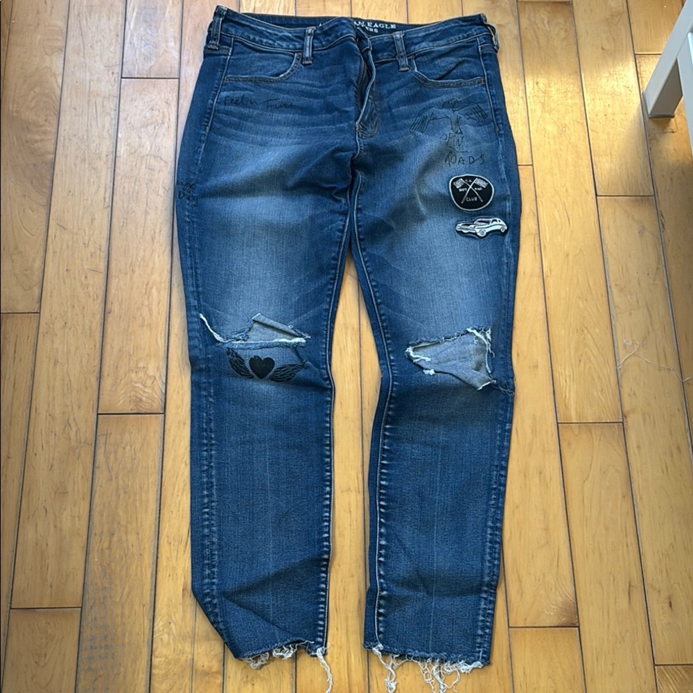 Women’s AE Jegging Hot Rod Super Stretch Car Patch Distressed Jeans